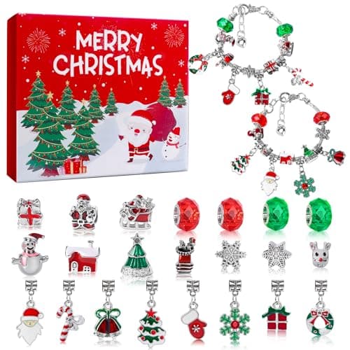 Christmas Advent Calendar Bracelets 2025 for Girls, 24 Days Xmas Countdown DIY Jewelry Kit with 22 Charm Beads and 2 Adjustable Bracelets Gift for Kids Teens Women