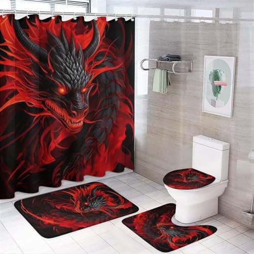 4PCS Fire Red Dragon Shower Curtain Set Retro Power Ancient Fantasy Creature Bathroom Decor Sets with Rugs Bathroom Accessories Set Bathroom Curtain Shower Set with 12 Hooks