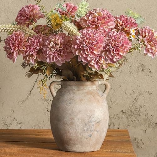 Dobbyby Ceramic Flower Vase 7.6 inch Farmhouse Rustic Vase Decorative Pottery Terracotta Vases for Home Decor Table Mantle Fireplace Living Room Bathroom Wedding Centerpiece (Whitewashed)