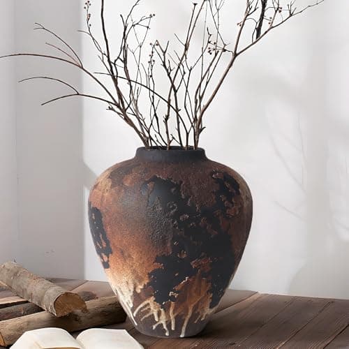 Rustic Vase for Flowers, 8.9'' Brown Farmhouse Ceramic Vases for Home Decor, Minimalist Decorative Vase for Living Room, Entryway, Shelf, Premium Pottery Clay Table Centerpiece Decor.