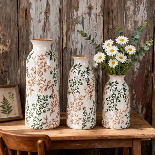 Green & Brown Ceramic Decorative Vase Set of 3, French Rustic Pottery Vase, Farmhouse Table Pampas Grass Vases for Coffee Table Mantel Entryway Wedding Centerpiece, Vintage Floral Vases Tall 9.5in