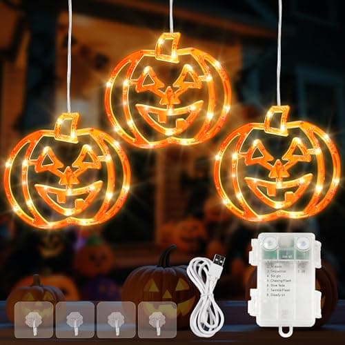 Qunlight Halloween Window Lights,3 Pack 48LED Pumpkin String Light with Battery Operated,Timer Memory Hanging Orange Halloween Light for Spooky Decor Outdoor Indoor Curtain Home Party Gift