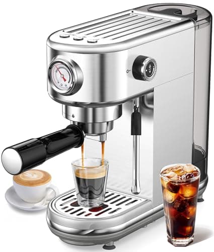 Espresso Machine with Milk Frother, 20 Bar High Pressure Professional Espresso Maker Automatic, Compact Stainless Steel Coffee Machine for Cappuccino, Latte, Gift for Coffee Lover, Dad or Mom, Silver