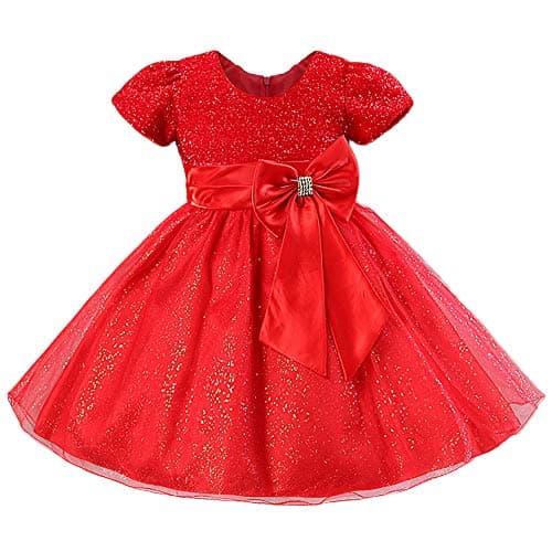 Toddler Girls Christmas Party Dress Bow Elegant Brilliant Tulle Lace Bridesmaid Wedding Dress L006_Red-4