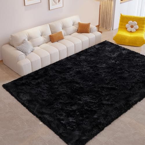 FinRèc Soft Black Rugs for Bedroom Living Room, 4x6 Feet Modern Indoor Fuzzy Shaggy Area Rug, Non-Slip Fluffy Furry Rug for Nursery Kids Room Dorm Room Home Decor, High Pile Plush Floor Carpet