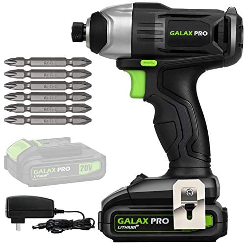 GALAX PRO Impact Driver 20 V Lithium Ion 1/4" Hex Cordless Driver with LED Work Light, 6 Pieces Screwdriver Bits, Variable Speed (0-2800 RPM)- 1.3 Ah Battery and Charger Included