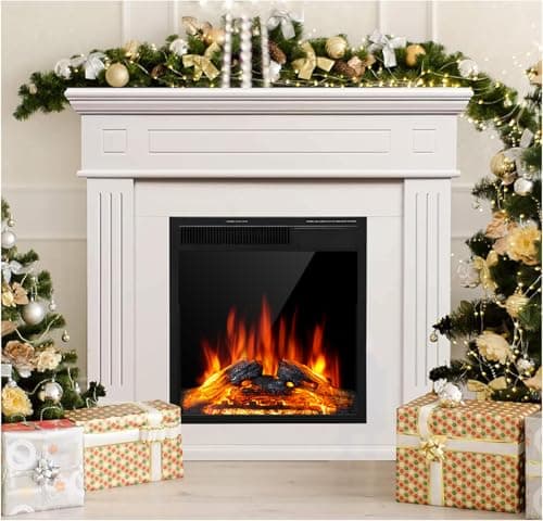 JAMFLY Electric Fireplace Mantel Package Wooden Surround Firebox TV Stand Free Standing Electric Fireplace Heater with Logs, Adjustable Led Flame, Remote Control, 750W-1500W, Lvory White