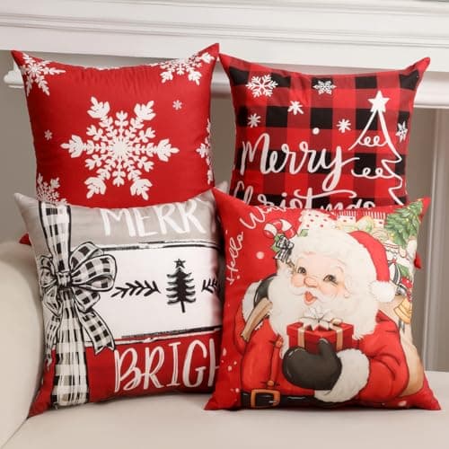 TOYPOPOR Christmas Decorations, Double Sided Throw Pillow Covers 18x18 Inches Set of 4, Christmas Tree, Snowflakes, Merry Christmas, Snowman Reindeer Cushion Case for Farmhouse Home Holiday Decor