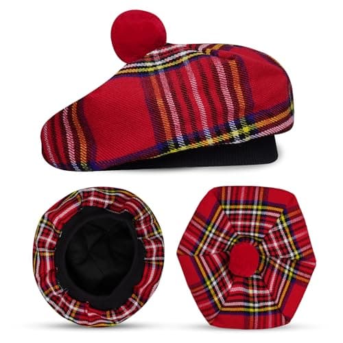 EZE Scottish Hat for Men Tam o' Shanter Flat Bonnet Kilt Hat Acrylic Wool Traditional Cap in Various Tartans (US, Alpha, One Size, Royal Stewart)