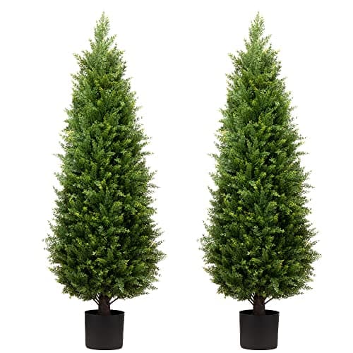 4ft Artificial Cedar Trees Artificial Topiary Trees Set of 2 Faux Cypress Plants UV Resistant Potted Bushes Faux Shrubs for Outdoor Indoor Front Porch Garden