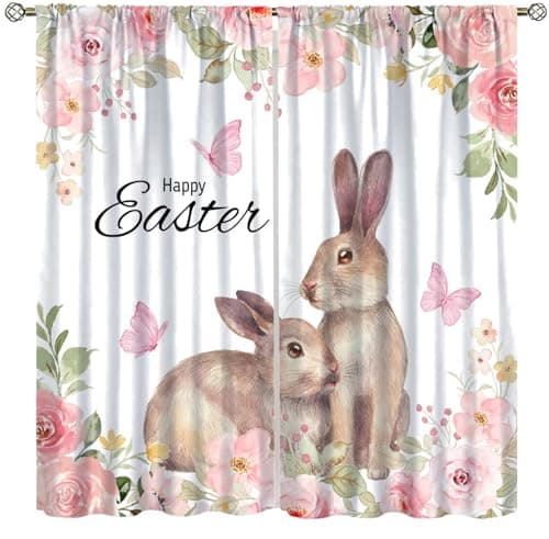 XFIFWKF Pink Watercolor Floral Curtains,Cartoon Cute Rabbit Country Butterfly Happy Easter Holiday Decor Window Curtain,for Classroom Living Room Bedroom Kitchen Cafe Farmhouse 42" W X 45" L
