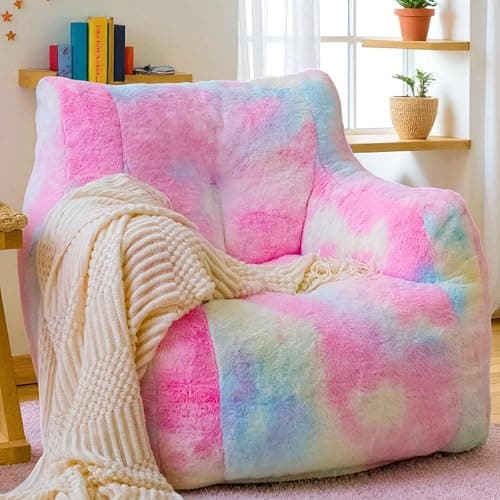 LinkRomat Bean Bag Chair with Filling, Faux Fur Comfy BeanBag Chairs for Teens, Adults, Bedroom, Living Room, Reading - Rainbow