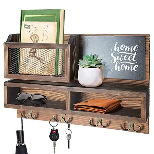 Key Holder for Wall, Mail Organizer Wall Mount with Key Hooks and Wallet Holder, Sunglasses Storage and Dog Leash Holder, Wall Decorative with 4 Double Hooks and Chalkboard