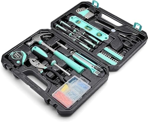 Amazon Basics Sturdy 142 Piece Household Tool Kit With Storage Case, Turquoise, 13.39 x 9.25 x 2.95 inch