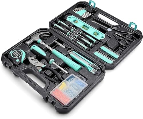 Amazon Basics Sturdy 142 Piece Household Tool Kit With Storage Case, Turquoise, 13.39 x 9.25 x 2.95 inch