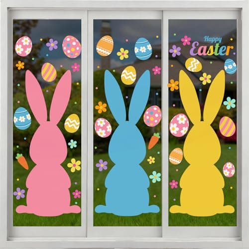 Ctosree 3 Sheets Extra Large Easter Window Clings Decorations, Easter Bunny Window Clings with Flower Egg Stickers Colorful Bunny Stickers for Party Decorations Supplies, 13 * 33.8Inch