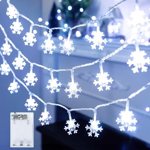 Minetom Christmas Snowflakes Lights, 30 LED 14 Ft Christmas Lights with Battery Operated, Waterproof Snowflakes Holiday Lights, Shatterproof Xmas Fairy Lights for Indoor Outdoor Snowflake Decor