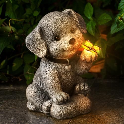 YOEGO Solar Dog Garden Statue with Lantern Light – 8.2in Outdoor Dog Figurine for Women, Mom, Grandma,Garden Gifts，Home Decoration with Butterfly