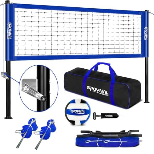 Outdoor Portable Volleyball Net Set with Adjustable Height Steel Poles, Volleyball, Anti-sag Winch System, Pump, Boundary Line, and Carry Bag for Backyard, Beach, Lawn