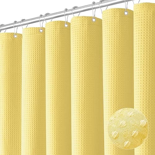 Dynamene Yellow Fabric Shower Curtain - Waffle Weave Textured Heavy Duty Cloth Shower Curtains for Bathroom, 256GSM Hotel Luxury Weighted Bath Curtain Set with 12 Hooks,72x72, Yellow