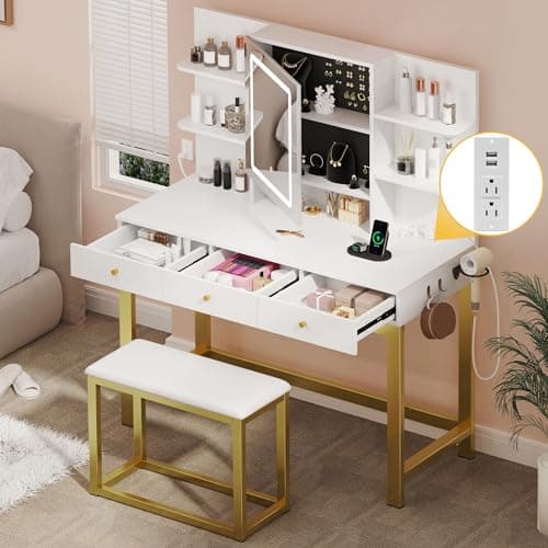 YITAHOME Makeup Vanity Desk Set with Mirror and Lights & Charging Station & Makeup Stool, 3 Drawers Vanity Table with 3 Hidden Storage Shelves for Bedroom (White & Gold) 39.5" W, Upgraded