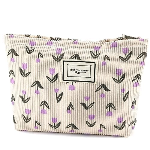 URSKYTOUS Flower Makeup Bag Travel Large Cosmetic Bag for Women Cute Makeup Pouch Zipper Cosmetic Pouch for Purse Corduroy Aesthetic Purple Floral Makeup Organizer Bag Portable Toiletry Bag