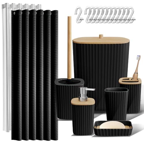 Clara Clark Bathroom Accessories Set - Bathroom Set, 20PC Bathroom Accessory Set, Black Shower Curtain Set, Toilet Brush, Trash Can & Soap Dispenser