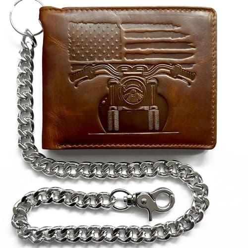 MID WEST RANGE Patriotic Biker Bifold Wallet with Chain for Men – Distressed Brown Leather, RFID-Blocking with 10 Card Slots, Flip-Out ID Holder, Embossed American Flag and Motorcycle Design