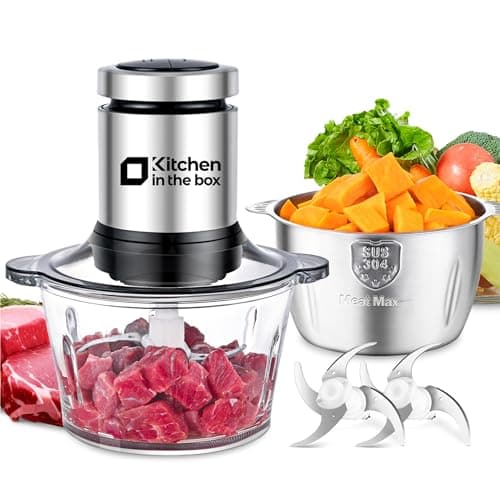 Kitchen in the box Food Processors,Small Meat Grinder & Food Chopper Electric Vegetable Chopper with 2 Bowls (8 Cup+8 Cup)& 2 Bi-Level Blades for Meat/fish/Vegetable/Baby Food (Black, 8cups+8cups)