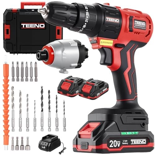 TEENO Cordless Drill Impact Driver 20V Brushless Power Tool Combo Kits, 2×1.5Ah Batteries w/Charger, 19-Pc Bits, Tool Bag, 3/8" Drill & 1/4" Impact Driver for Home DIY, Woodworking