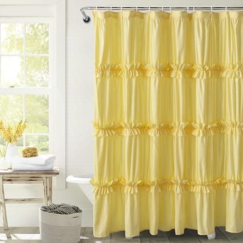 BRHF Farmhouse Ruffle Shower Curtain with Handmade Ruched, Vintage Ruffled Fabric Bathroom Curtains, Decorative Elegant Bathroom Curtain with 12 Holes, Bright Yellow, 72" W x 72" H(N60049)