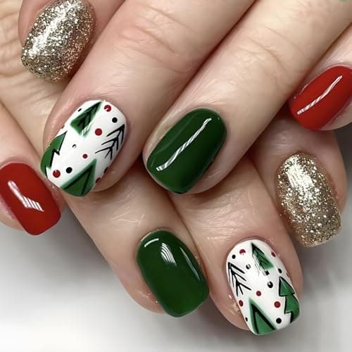 Christmas Press on Nails Short Square False Nails Red Green Fake Nails with Christmas Tree Design Glitter Artificial Nails Acrylic Glue on Nails Short Acrylic Nails Christmas Stick on Nails for Women