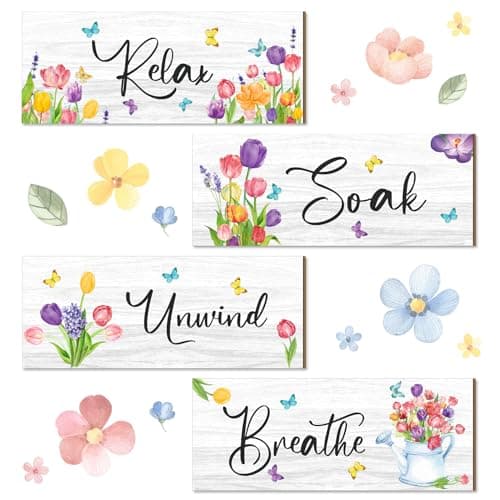 Sunnyray 4 Pcs Farmhouse Bathroom Wall Decor Sign Spring Daisy Tulip Flowers and Butterfly Bathroom Wall Art Relax Soak Unwind Breathe Rustic Wood Plaque Decor(9.8 x 4 inch,White)