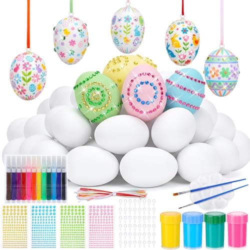 Hollowfly 48 Pcs White Easter Egg Painting Kits Blank Paintable Eggs with Color Pens Paint Stickers Hanging String Fake Eggs Bulk Ornaments for Easter DIY Crafts Party Handmade Activities Decoration