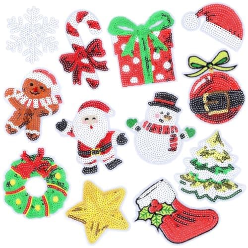 12pcs Christmas Iron on Patches Sequins Xmas Embroidered Sew Applique Repair Patch Glitter Santa Claus Christmas Tree Candy Cane DIY Crafts for Clothing Jacket Jeans Pants Dress Backpack Hat Decor