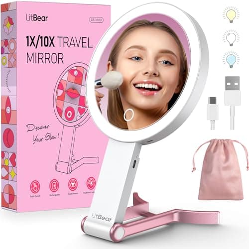 LitBear Travel Makeup Mirror with Lights, Rechargeable Double-Sided 10X/1X Magnifying Mirror, Portable Lighted Beauty Mirror, 3 Color Lighting, Dimmable Touch Screen, Tabletop Handhold Hanging (White)