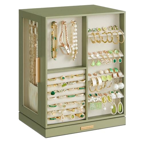 SONGMICS Jewelry Box 360° Rotating, Jewelry Storage Case with 5 Drawers, Jewelry Organizer, Glass Window, Spacious, Vertical Jewelry Storage, Open Design, Great Gift, Laurel Green UJBC170C02