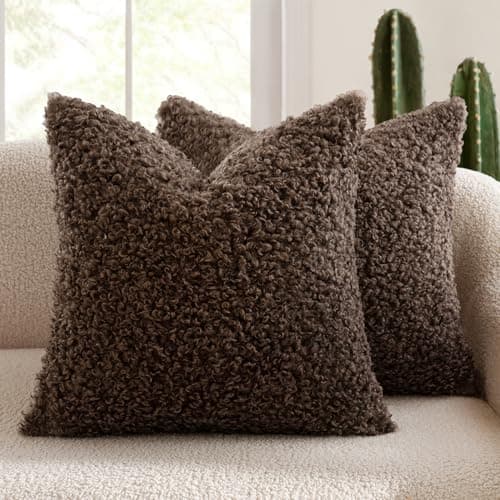 MIULEE Pack of 2 Faux Fur Chocolate Throw Pillow Covers 18x18 Inch Boucle Decorative Sherpa Pillow Covers Fuzzy Accent Soft Sheepskin Fleece for Boho Home Decor Sofa Living Room Couch Bed