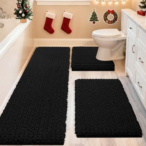 ACCUMTEK Upgrade Extra Large Black Bathroom Rug Set 3 Pieces Ultra Soft, Thick Absorbent Bath Mats, Non Slip Chenille Toilet Mat for Bathroom, Bedroom, Kitchen