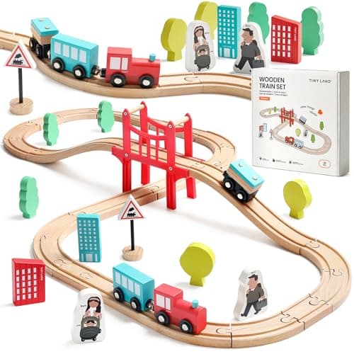 Tiny Land Wooden Train Set for Toddler - 39 Pcs- with Wooden Tracks Compatible with Major Brands - Expandable, Changeable-Train Toy for 3 4 5 Years Old Girls & Boys