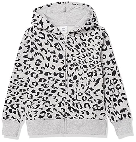 Amazon Essentials Girls' Fleece Zip-Up Hoodie Sweatshirt, Light Grey Heather Animal, Large