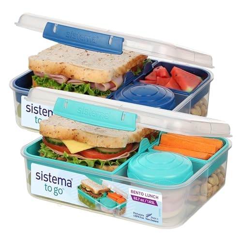 Sistema TO GO Bento Box Cubes | 1.65 L | School Lunch Boxes With Compartments & Snack Pots | BPA-Free | 2 Count | Minty Teal & Ocean Blue