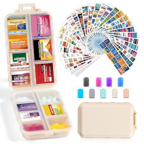 14 Grids Travel Pill Organizer Box with 415-Pcs Medicine Name Labels - Pocket Daily Pharmacy Case Container Kit - Travel Medication Holder Dispenser for Fish Oil Vitamin Supplement Storage - Khaki