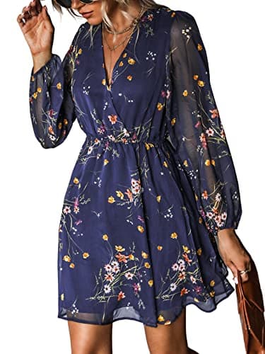 CUPSHE Women's Floral Print Chiffon A-Line Mini Dress Long Peasant Sleeves Elastic Autumn Dress,M