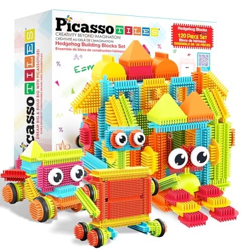 PicassoTiles 120pcs Hedgehog Interlocking Building Blocks Tiles Construction Toy Set Learning Playset STEAM Development Preschool Kindergarten Toy for Kids Age3+ PTB120