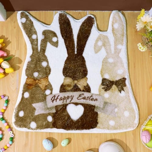 Drydiet Happy Easter Bunny Bathroom Rug Bunny Bath Mat Non Slip Washable Rugs Welcome Decorative White Brown Doormat for Home Kitchen Easter Decor Holiday Decorations, 23.62 Inch