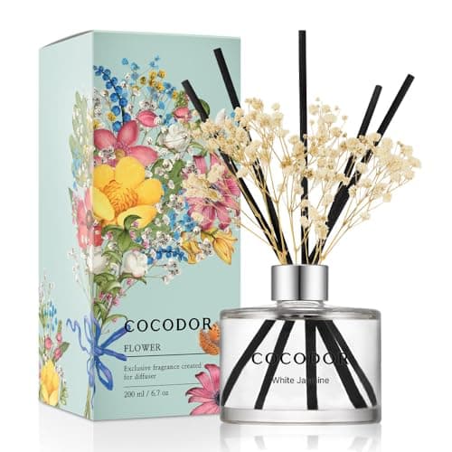 Best Reed Diffuser Sets #1 from Cocod'or COCODOR Flower Reed Diffuser Set / 6.7oz / White Jasmine/Scent Diffuser with Sticks Home Fragrance Reed Diffuser for Bathroom Shelf Decor