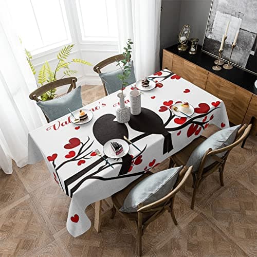 Rectangle Waterproof Table Clothes Valentine's Day Black Birds Couple Tableclothes Topper Cover Love Heart Tree Branch Kitchen Dining Tablecloth for Indoor Outdoor Wedding Banquet Tables