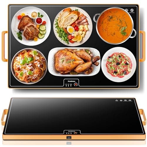 Electric Warming Tray（Large 24"x16"），Food Warmer with Thermostat and Full Surface Heating，Food Warming Mat with 2 Temperature Modes for Parties Buffet，Gatherings，Gold Edge Handles Warming Mat for Food