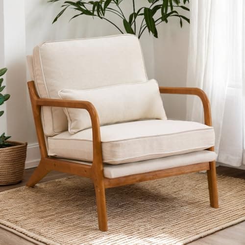 Karl home Accent Chair Mid-Century Modern Chair with Pillow Upholstered Lounge Arm Chair with Solid Wood Frame & Soft Cushion for Living Room, Bedroom, Balcony, Beige (Low Back)